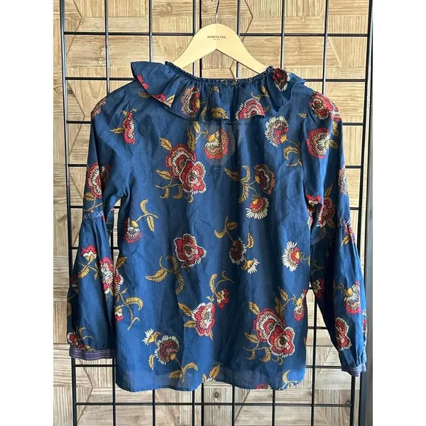 Madewell x Warm Womens Top XS Blue Floral Ruffle V Neck Long Sleeve boho - Image 5