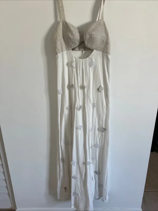 Cream and Tan Cutout Maxi Dress with Decorative Accents - Image 3