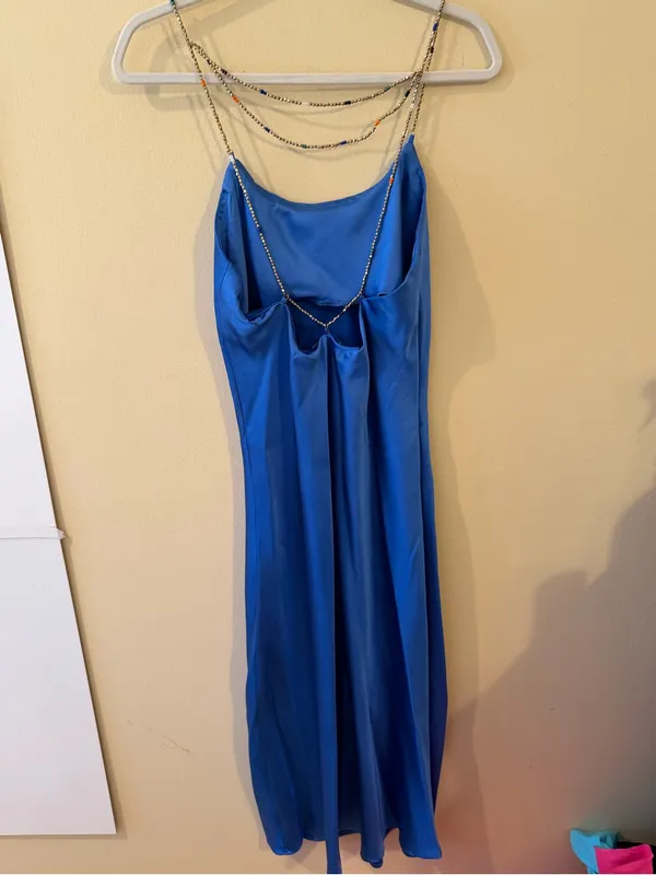 Satin Cobalt Blue Maxi Slip Dress with Chain Straps - Image 5