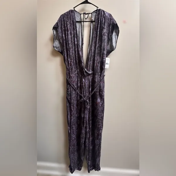 NEW Free People Universal Surplice Jumpsuit Purple Paisley Boho Cottage Whimsy L - Image 2