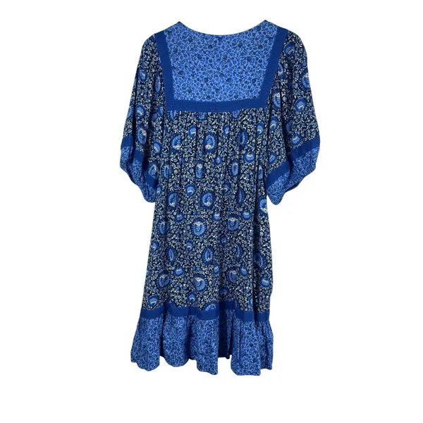 Old Navy Blue Boho Peasant Dress Women L Floral Tassel Cottagecore Festival - Image 7