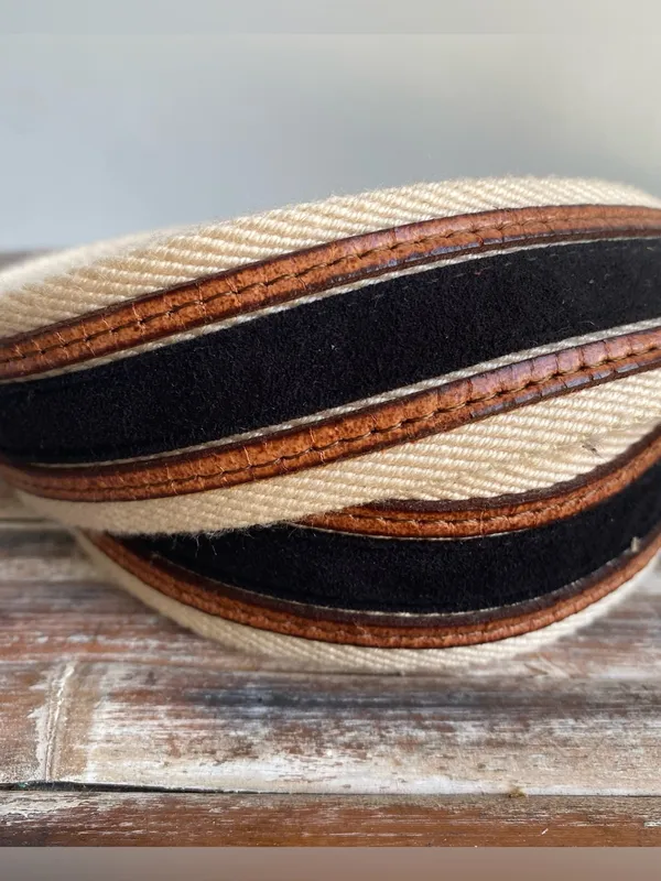 Bogner vintage canvas striped leather buckle belt preppy 80s casual coastal S - Image 3