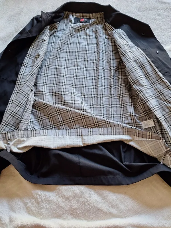 NWOT Gallery Black Single Breasted Rain Coat Jacket Size L Plaid Lining - Image 12