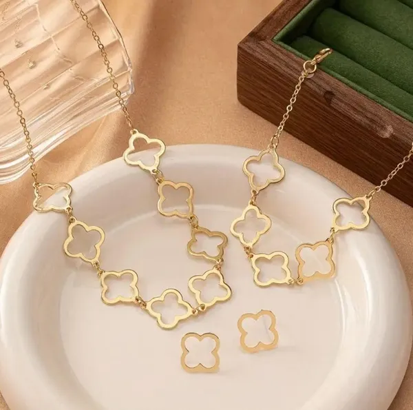 Boutique Clover Neckalce Bracelet Earring Set for Women 14K Gold Plated Stainless Steel - Image 5