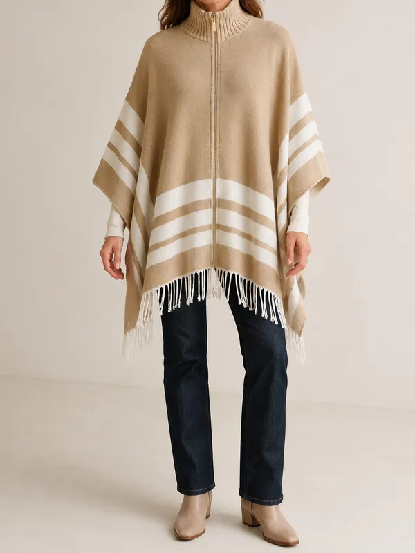 Marc New York Ivory Tan Oversized Gold Zip Up Fringe Hem Poncho - Image 11