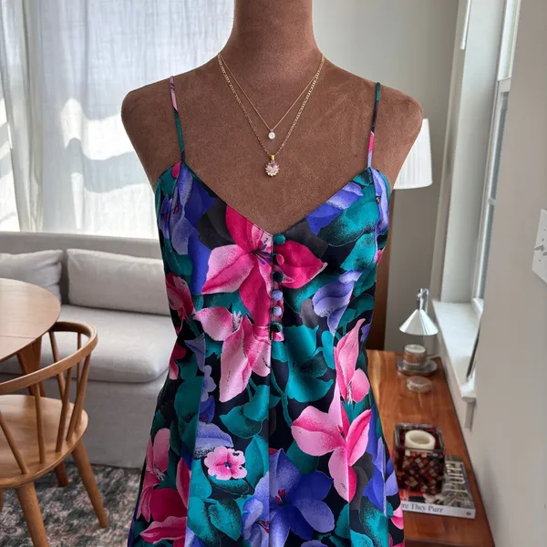 80s Vintage Cacique Lingerie Bold Floral Slip Dress Romper Sleepwear Glam Small - Image 15