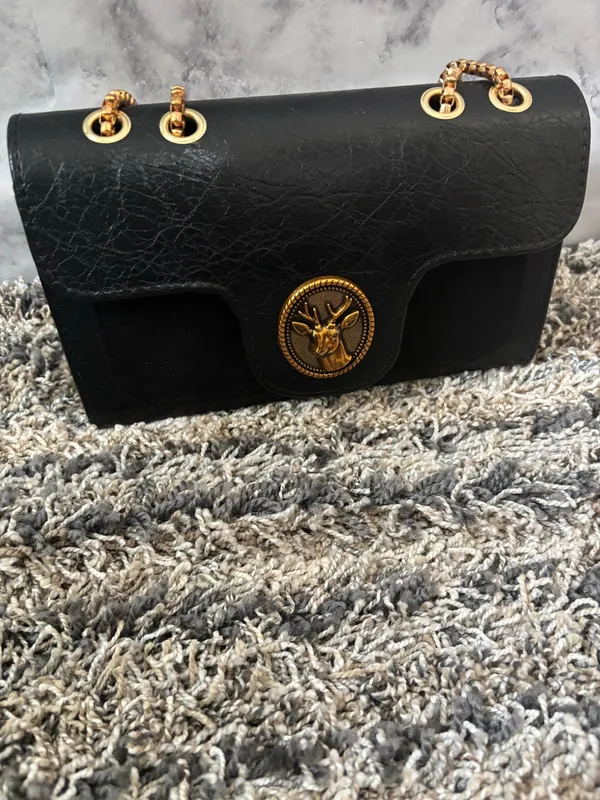 Black Croc-Embossed Handbag with Gold Handle & Crossbody Strap - Image 3