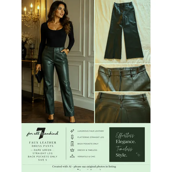 7 For All Mankind Faux Leather Pants Pine Green Straight Leg Womens Size Small - Image 4