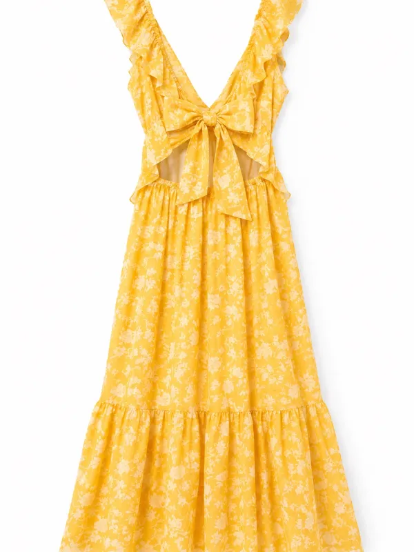 Abercrombie & Fitch Maxi Dress Womens MP Yellow Excellent Floral Ruffle Cutout - Image 4