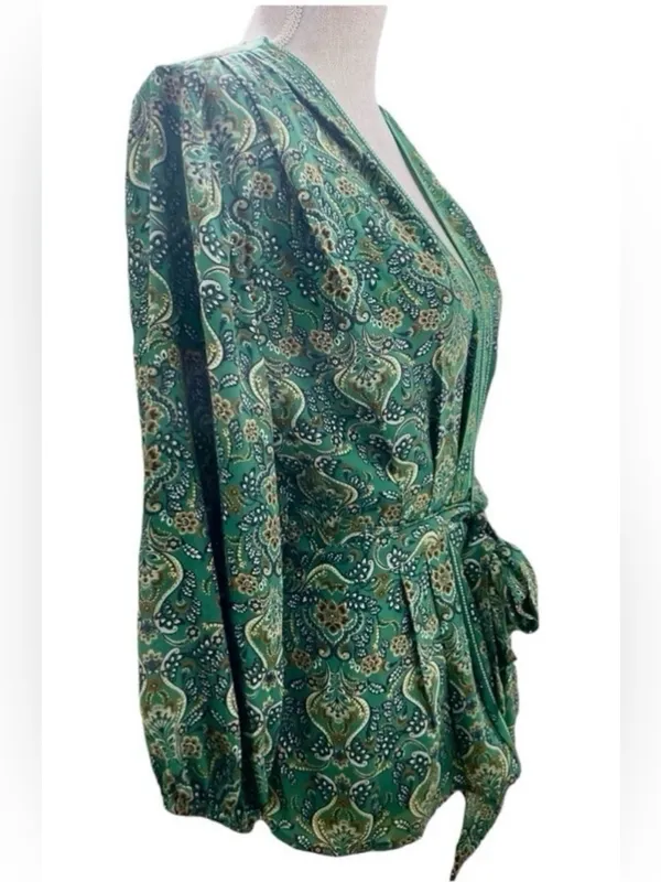 Max Studio Green Paisley Tie Front Peplum Blouse Size Small | Smocked Back V-Nec - Image 5
