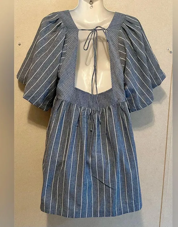 Free People Blue and White Textured Dress - Image 6