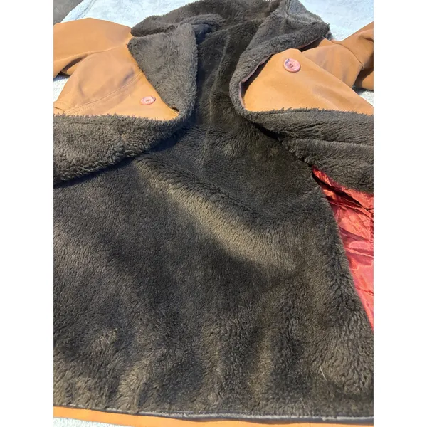 Vintage Camel Brown Double Breasted Faux Fur Collar Trench Coat Jacket Size 8 - Image 10