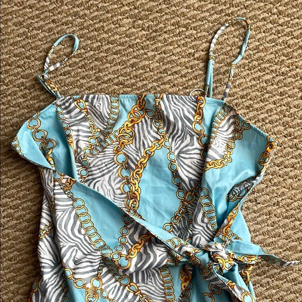 Show Me Your MuMu Blue and Gold Ruffled Wrap Dress - Image 2