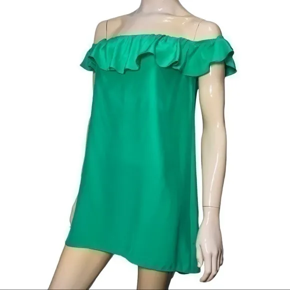Amanda Uprichard Women’s M Emerald Green Silk Ruffle Top Off Shoulder Mini Dress - Image 2