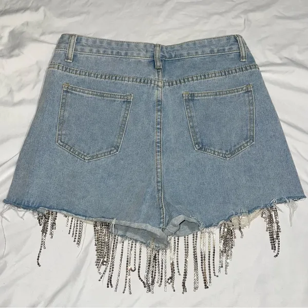 La’ Ros Rhinestone Fringe Cutoff Denim Jean Shorts - Image 2