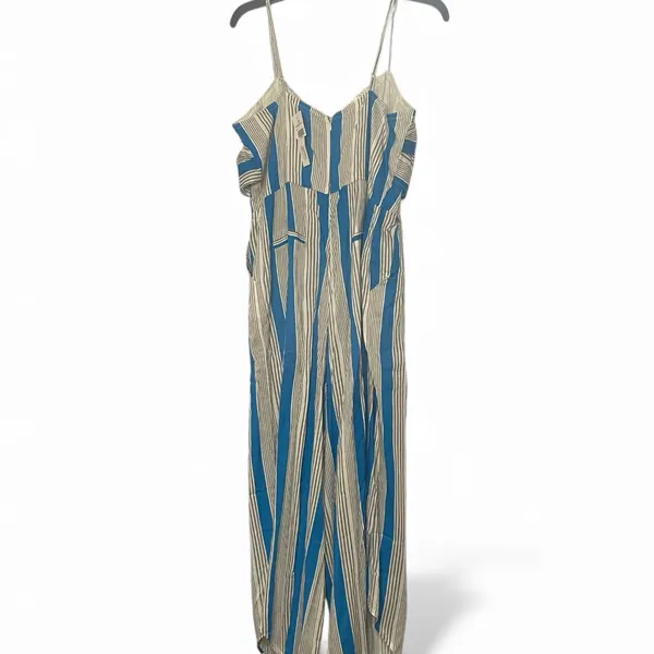 True Destiny Jumpsuit Women L Wide Leg Romper Twist Top White Turquoise Pockets - Image 2