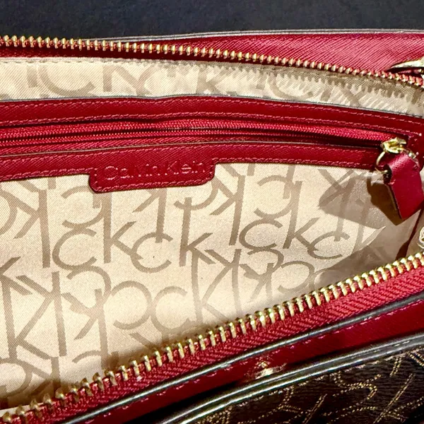 Calvin Klein Monogram Satchel in Brown and Red with gold accents - Image 4