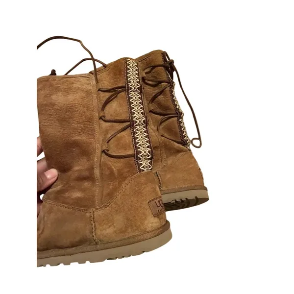 UGG Lace Up Boots Women Size 7 Chestnut Suede Embroidered Mid Calf Bohemian - Image 3
