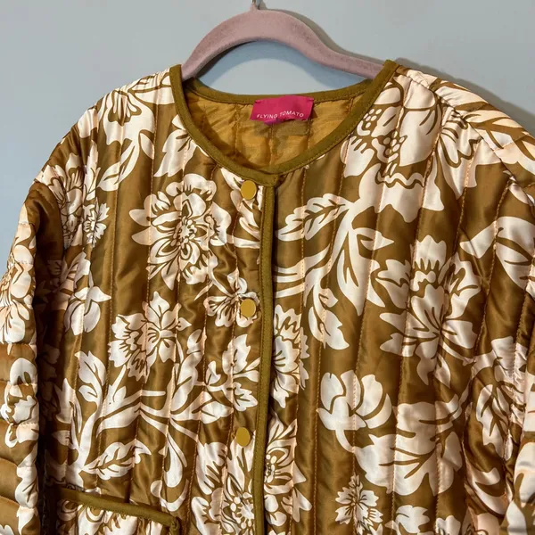 Flying Tomato Floral Quilted Puffer Jacket Mustard Gold Cream Boho Medium - Image 2