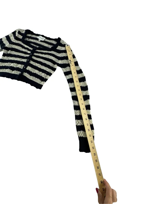 Striped Cropped Button-Front Cardigan in Black and Cream - Image 2