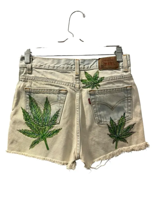 Vintage 2002 Levi's 517 Custom Hemp Leaf Blue Denim Shorts Size 16 Y2K Festival - Image 7