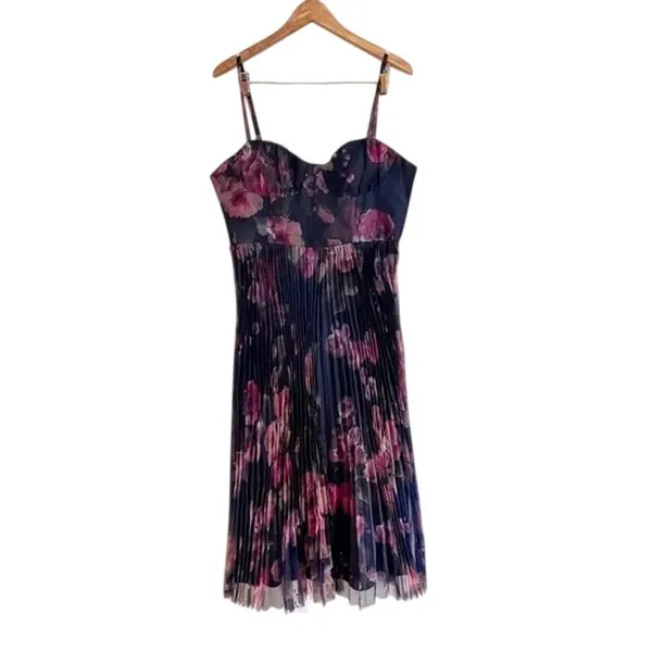 Lulus Alluring Invite Midnight Blue Floral Pleated Bustier Sleeveless Midi Dress - Image 2