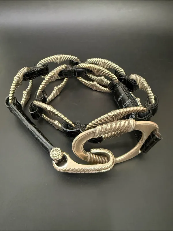 Vintage BRIGHTON B3094 Black Croc Leather Silver-plated Oval Links Belt Size 32 - Image 3