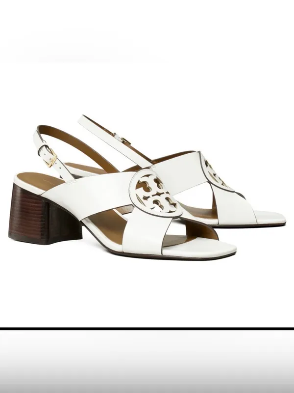 Tory Burch Miller Slingback Logo Block Heel Sandal US 9 Cloud White Leather - Image 8