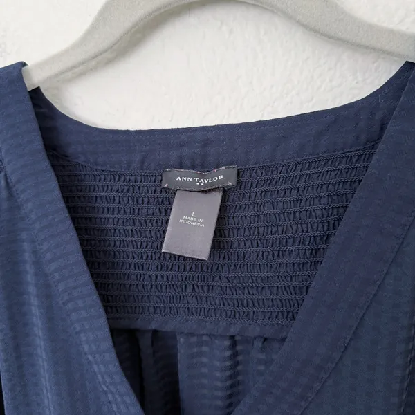 [Ann Taylor] Navy Blue V-Neck Chiffon Blouse 3/4 Length Sleeves Work Sz Large L - Image 10
