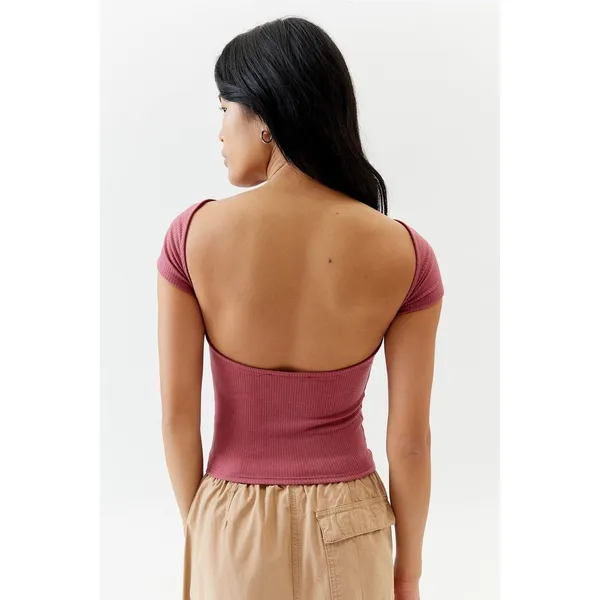 UO Nadia Rose Print Low Open Back Top M Pink Mauve Ribbed Knit ASO Bel-Air Amira - Image 2