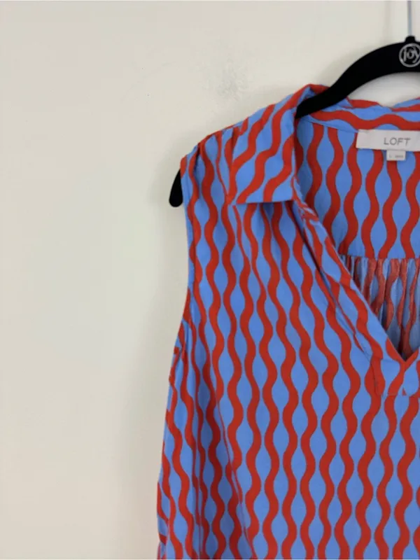LOFT Sleeveless V-Neck Wave Print Top in Orange and Light Blue Size Large - Image 3
