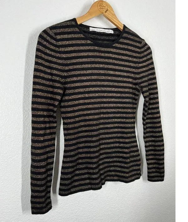 &Other Stories Striped Ribbed Knit Sweater Size Small S Black Gold Metallic - Image 3