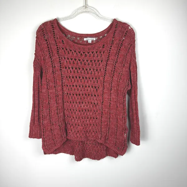 Red/Orange Crochet Knit Sweater Women's Open Weave Boat Neck 3/4 Sleeve‎ - Image 10