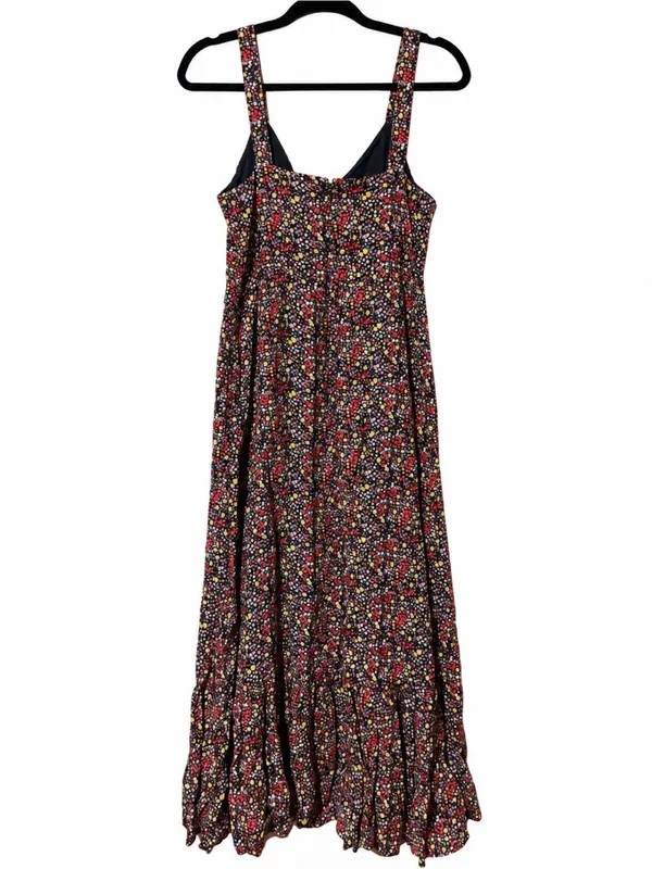 J. Crew Factory Navy Blue Multi Color Floral Ruffle Hem Linen Blend Midi Dress 6 - Image 2