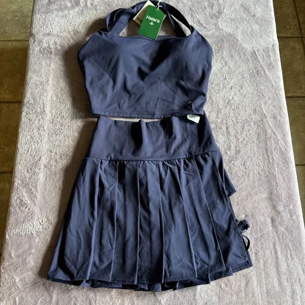 Halara Breezeful Navy Blue Tennis Skirt Set Strappy Sports Bra Pleated Skort S - Image 9