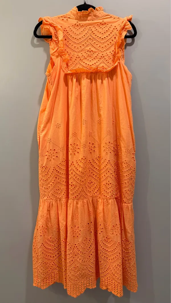 In Loom Eyelet Detail Flutter Sleeve Tiered Ruffle Collar Maxi Dress Orange - Image 2