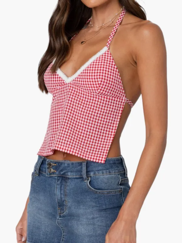 Edikted Charmaine Open Back Gingham Halter Top Red White Small NEW $31 - Image 4