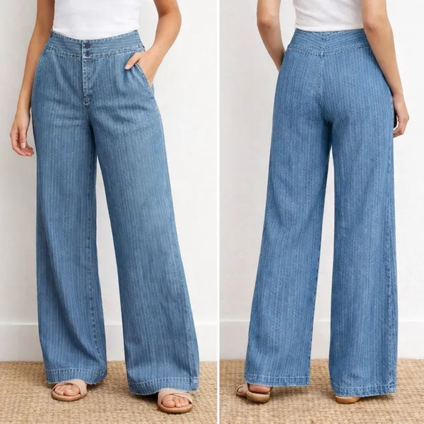 Ralph Lauren Jeans Co Pinstripe Denim Wide Leg Trouser Blue Cotton Size 10 VTG - Image 10