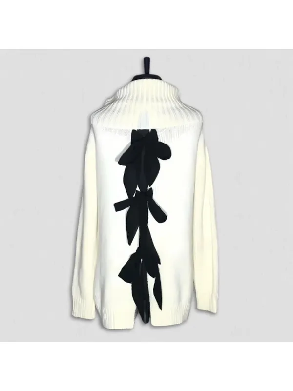Poof! Cream Cowl Neck Open Back Bow Sweater Dress Size S - Image 2
