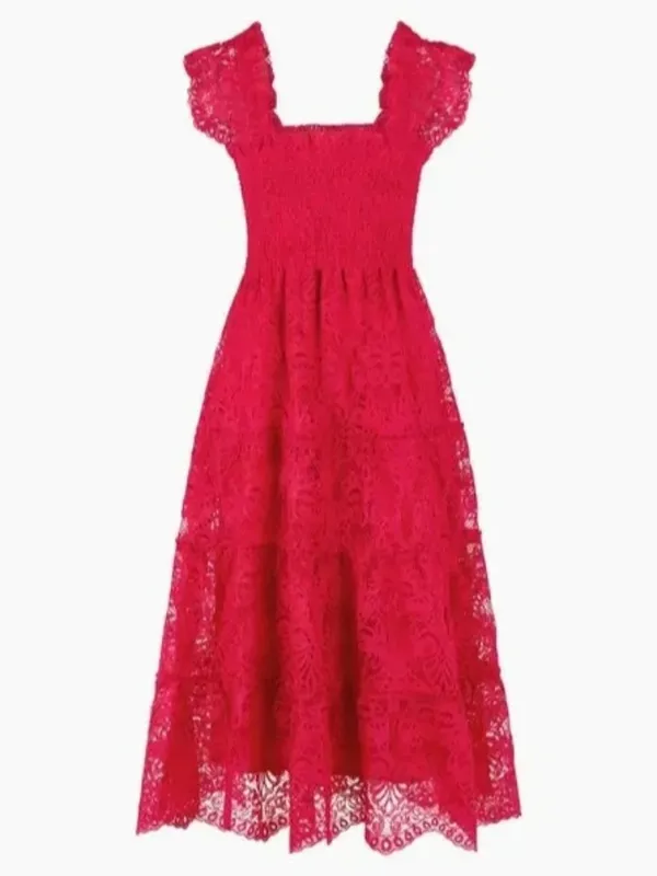 NWT Hill House Ellie Nap in Cerise Red Lace Smocked Midi Dress S - Image 2