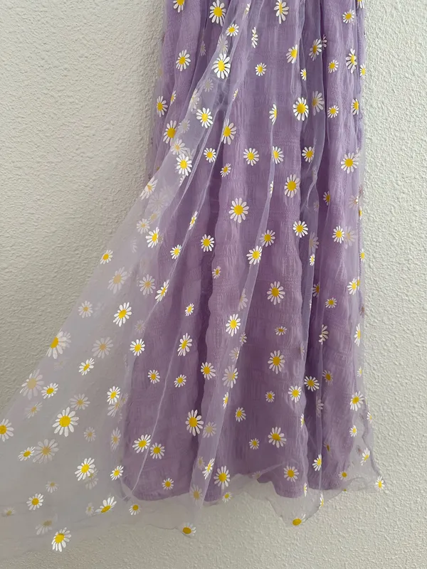 purple yellow daisy organza ruched summer sundress - Image 4