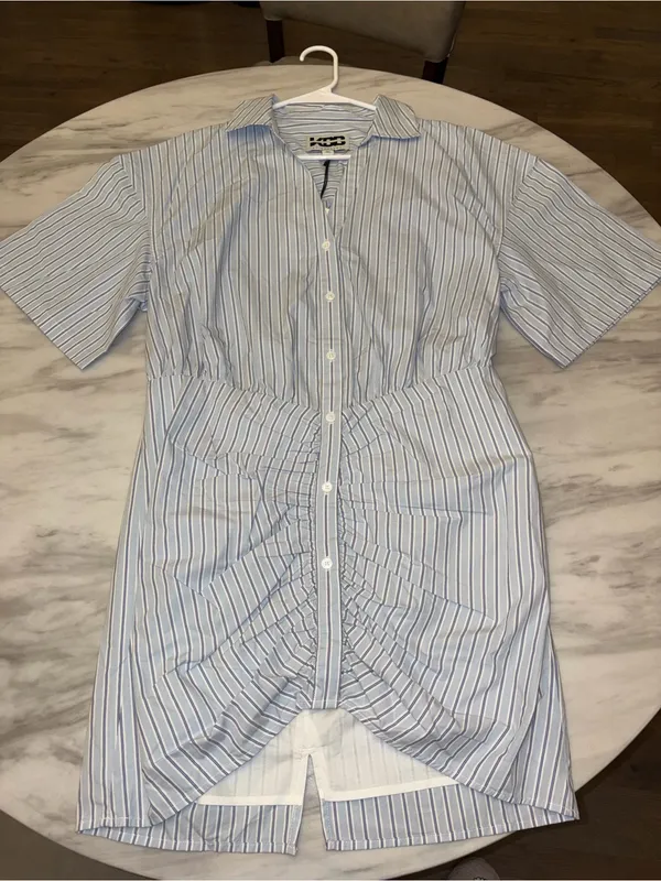 NWT KBB by Kahlana The Ruched Shirt Dress Striped Blue White Medium Mini Dress - Image 5