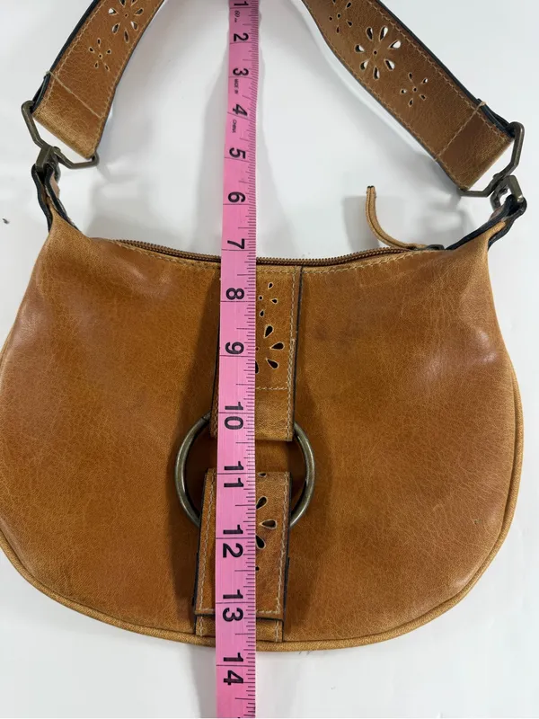 Fashion Express Cognac Brown Leather Hobo Bag Cutout Ring Detail - Image 5