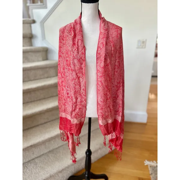Red & White Paisley Fringe Pashmina Cashmere & Silk Scarf Shawl - Image 3