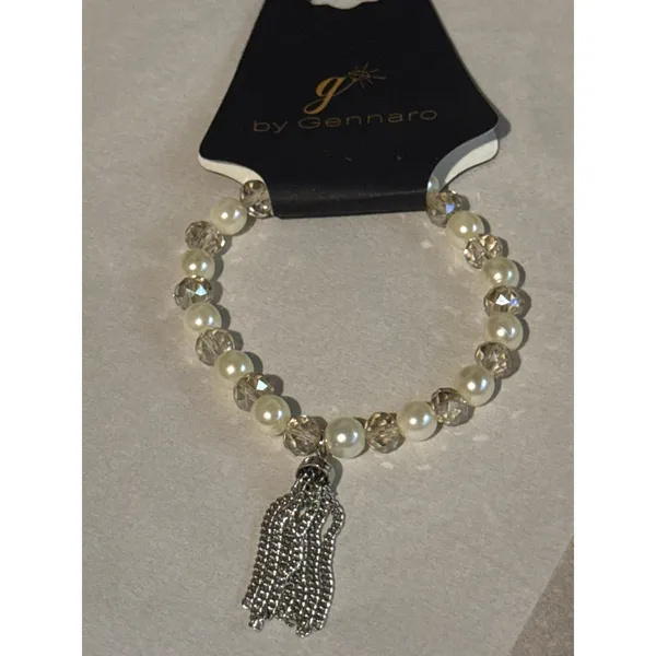 G by Gennaro Bracelet NWT Faux Pearl Crystal Beaded Silver Tassel Stretch - Image 2