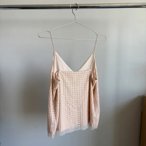 H&M Sequin Tank Top Size 8 Beige Mesh Spaghetti Strap Glam Party Holiday Work - Image 2