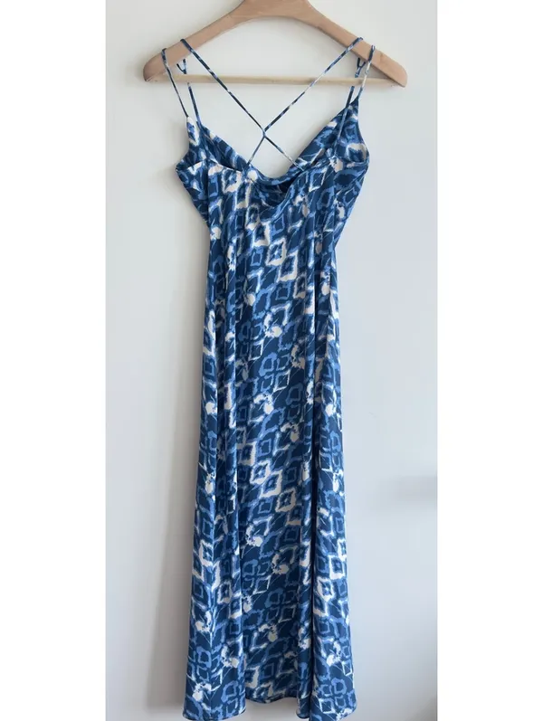 Zara Blue White Printed Cowl Neck Strappy Back Midi Slip Dress Size S - Image 6