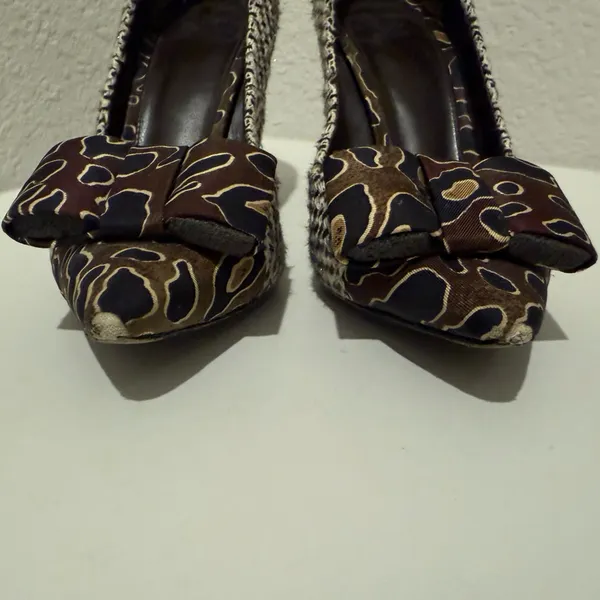 Tory Burch Cleo Tweed and Silk Bow High Heel Pump Brown Navy Leopard Size 7 - Image 3