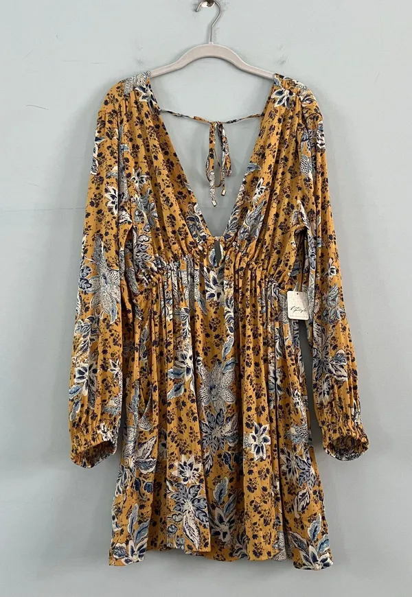 Free People NWT Soli Golden Hour Combo Yellow V-Neck Long Sleeve Mini Dress - Image 5