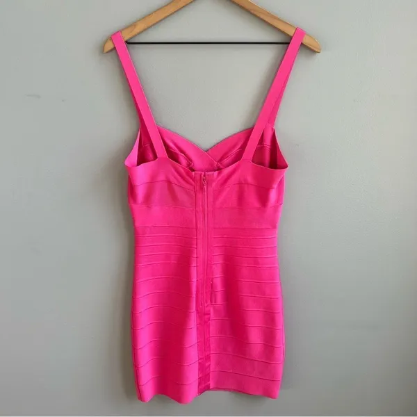 HERVE LEGER Paris Pink Bandage Mini Dress Sweetheart Neckline Hot Pink Bodycon M - Image 6